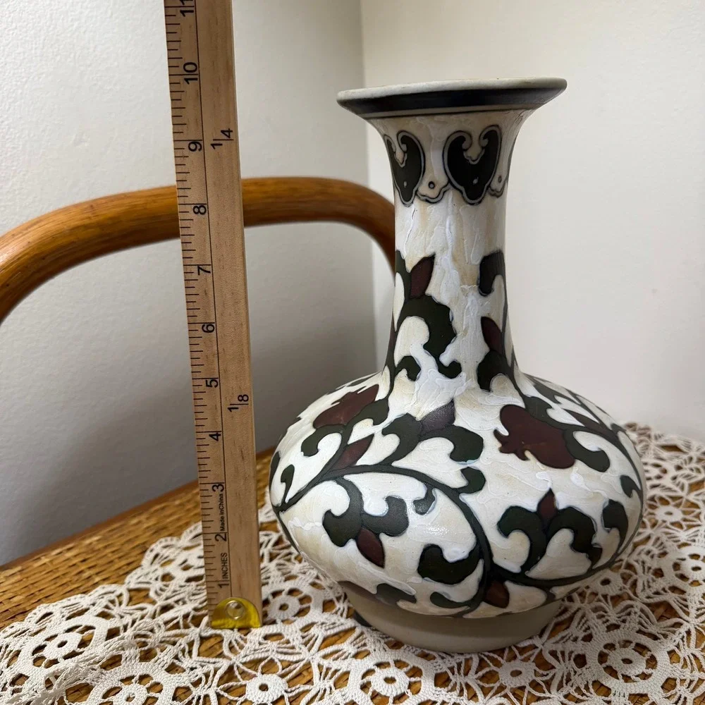 Ivory Crackle Glaze Bottle Vase Chinoiserie Olive Oxblood Vine 10